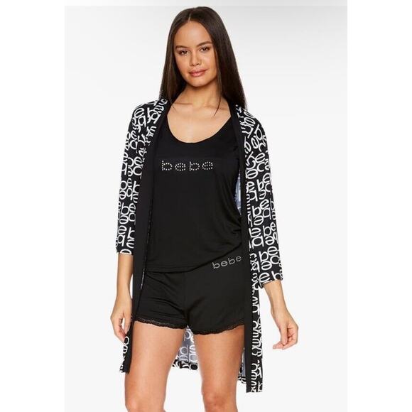 bebe Womens Pajamas 3-Piece Set, Tank Top, Pajama Shorts, Robe Sleepwear Size L - Picture 1 of 10